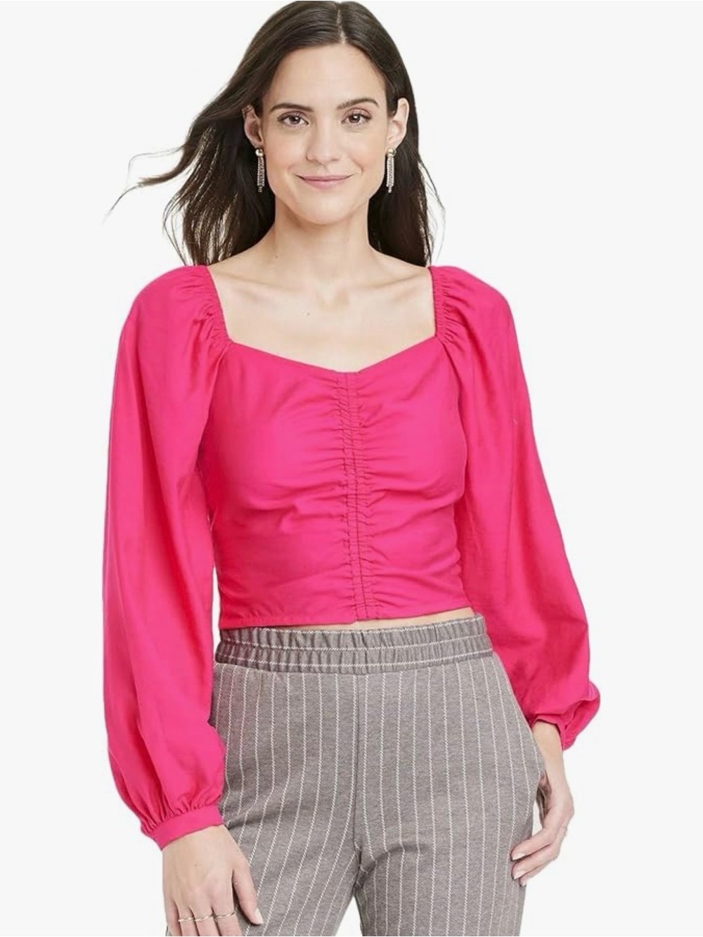 A New Day Women's Long Balloon Sleeve Slim Fit Ruched Front Top